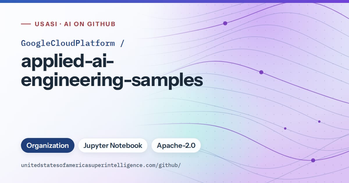Generated blue flowing-wave artwork for GoogleCloudPlatform/applied-ai-engineering-samples, labeled USASI · AI on GitHub, with Organization · Jupyter Notebook · Apache-2.0.