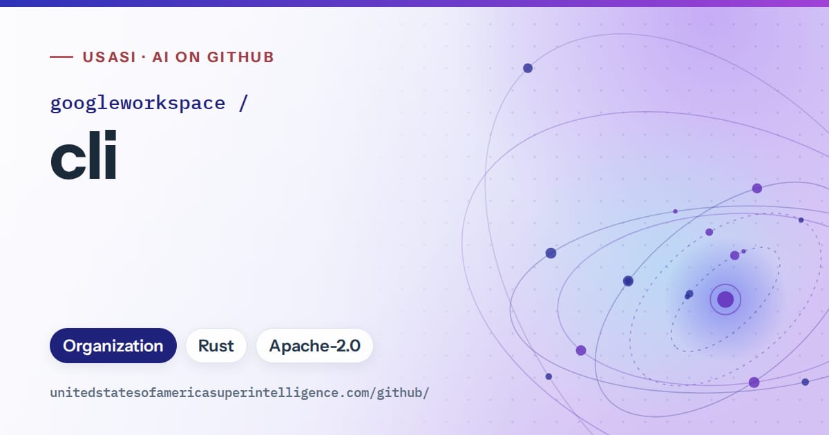 Generated blue orbit artwork for googleworkspace/cli, labeled USASI · AI on GitHub, with Organization · Rust · Apache-2.0.