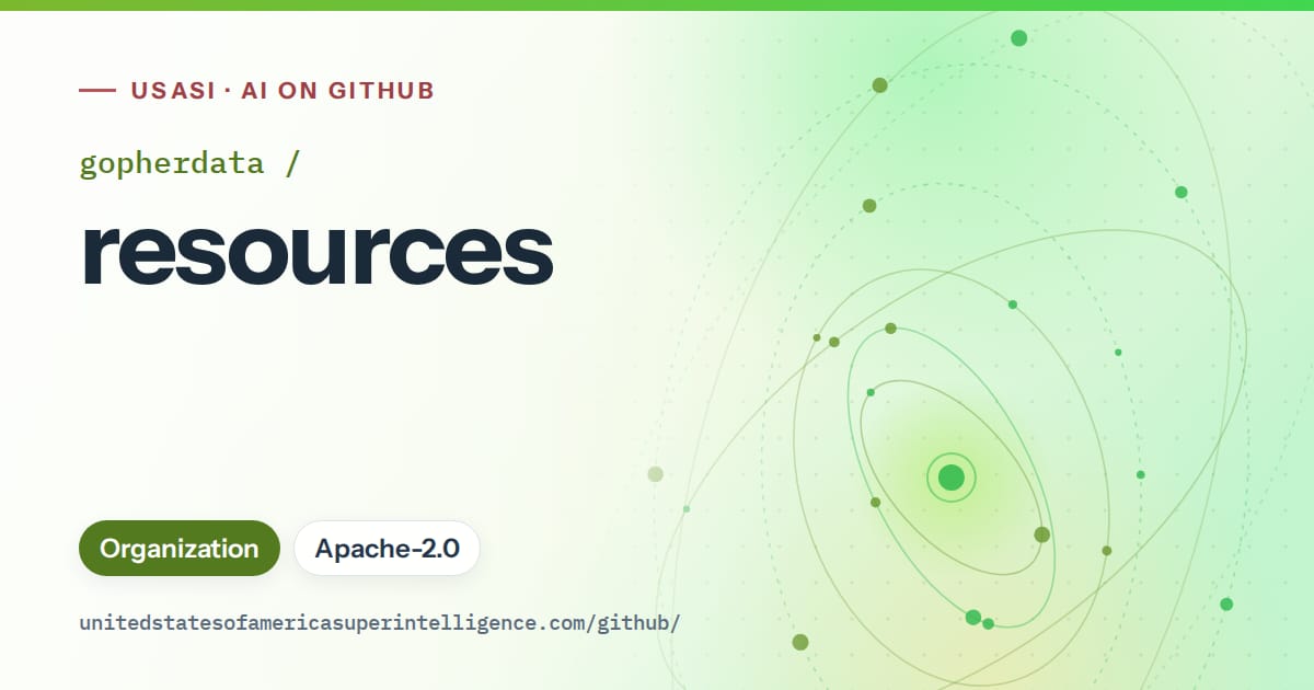 Generated green orbit artwork for gopherdata/resources, labeled USASI · AI on GitHub, with Organization · Apache-2.0.