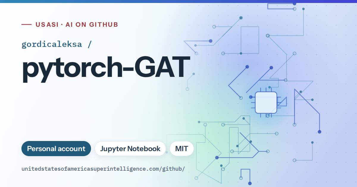 Generated sky blue circuit-trace artwork for gordicaleksa/pytorch-GAT, labeled USASI · AI on GitHub, with Personal account · Jupyter Notebook · MIT.