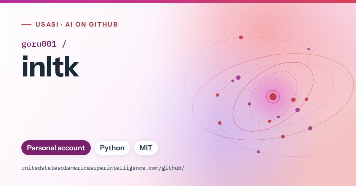 Generated purple orbit artwork for goru001/inltk, labeled USASI · AI on GitHub, with Personal account · Python · MIT.