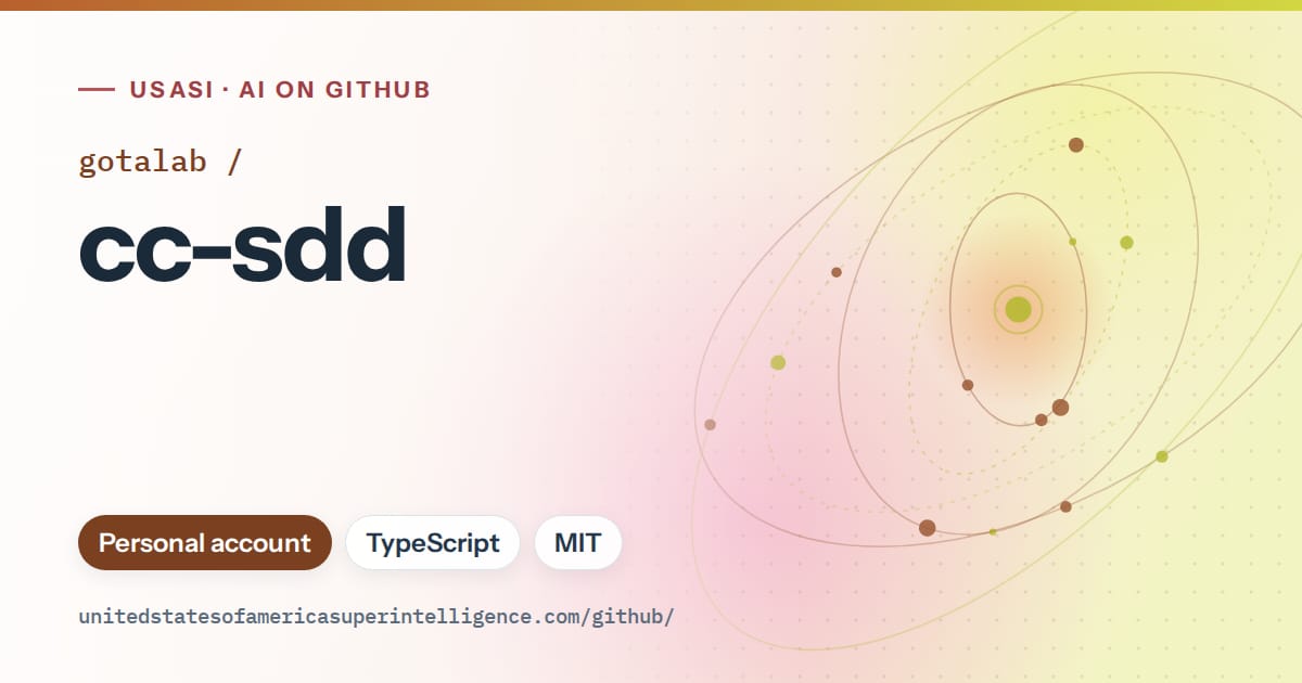 Generated orange orbit artwork for gotalab/cc-sdd, labeled USASI · AI on GitHub, with Personal account · TypeScript · MIT.