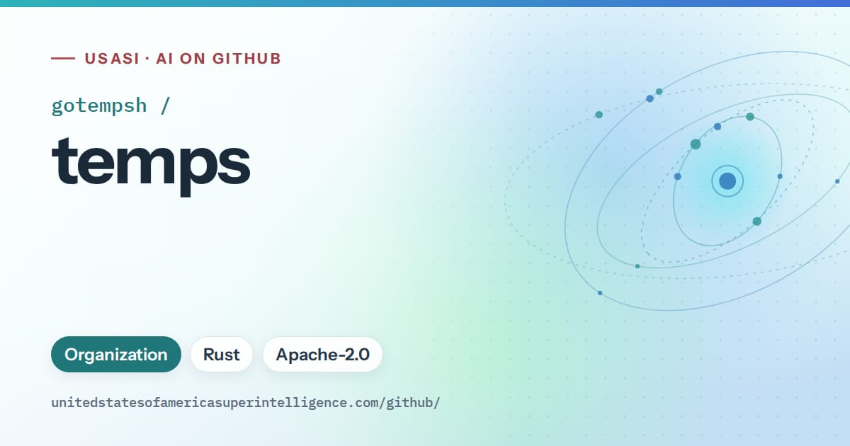 Generated teal orbit artwork for gotempsh/temps, labeled USASI · AI on GitHub, with Organization · Rust · Apache-2.0.