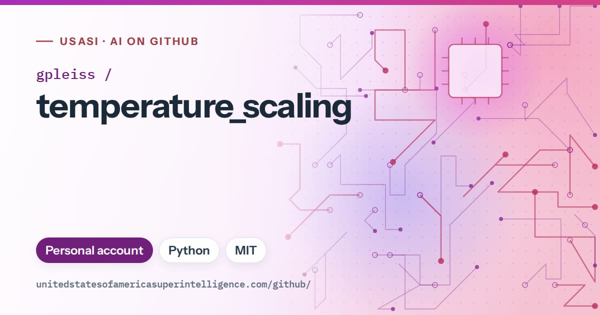 Generated purple circuit-trace artwork for gpleiss/temperature_scaling, labeled USASI · AI on GitHub, with Personal account · Python · MIT.