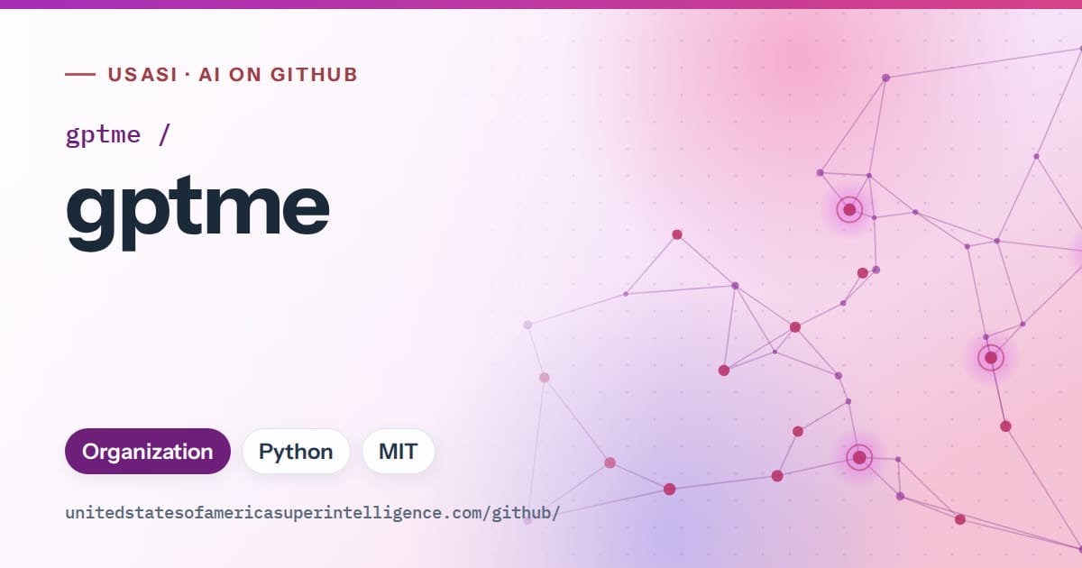 Generated purple constellation network artwork for gptme/gptme, labeled USASI · AI on GitHub, with Organization · Python · MIT.