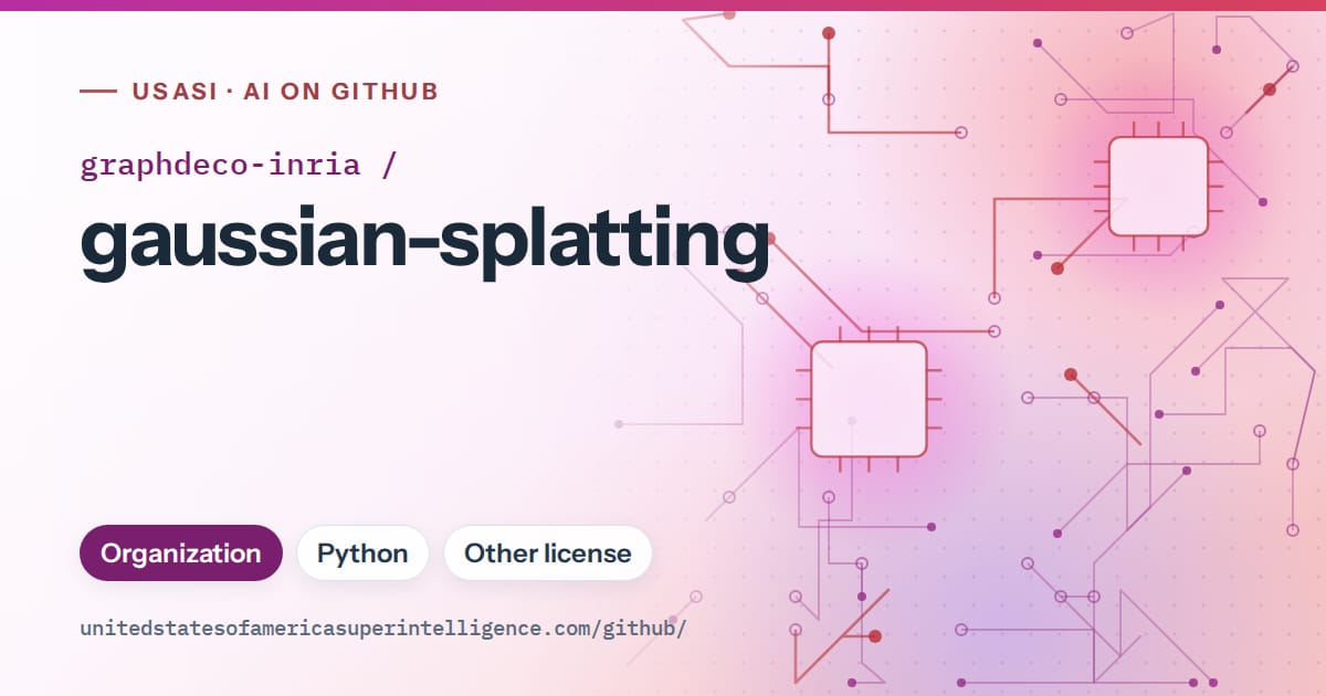 Generated purple circuit-trace artwork for graphdeco-inria/gaussian-splatting, labeled USASI · AI on GitHub, with Organization · Python · Other license.