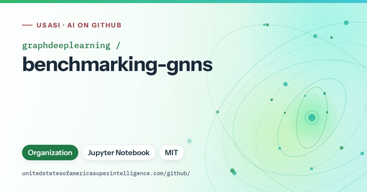 Generated green orbit artwork for graphdeeplearning/benchmarking-gnns, labeled USASI · AI on GitHub, with Organization · Jupyter Notebook · MIT.