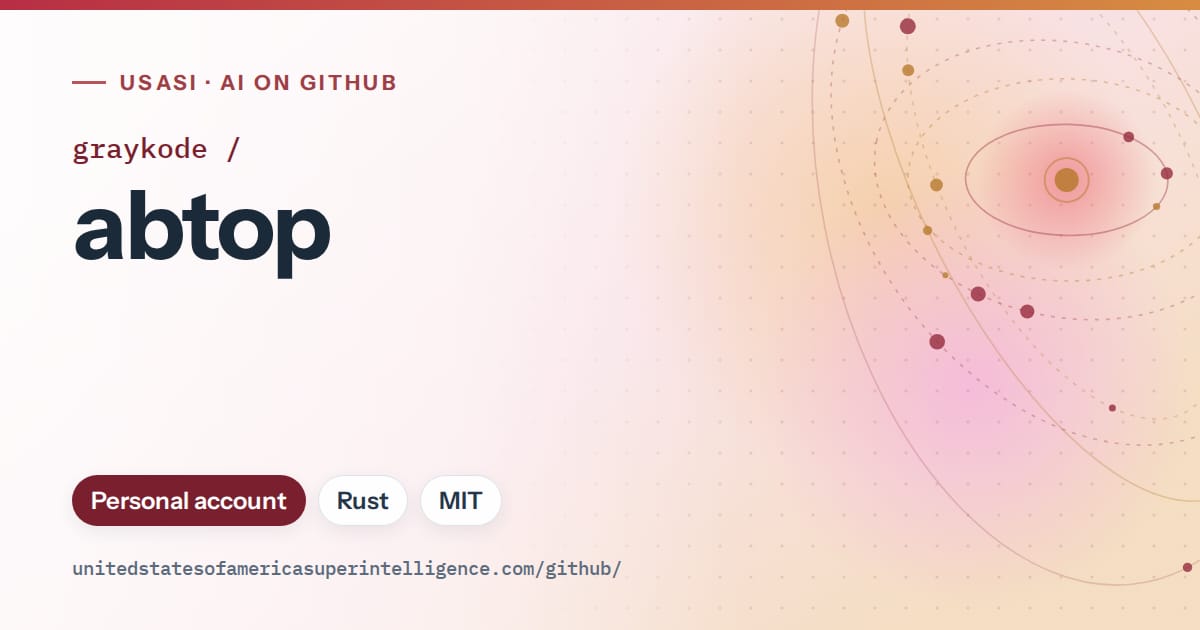 Generated red orbit artwork for graykode/abtop, labeled USASI · AI on GitHub, with Personal account · Rust · MIT.