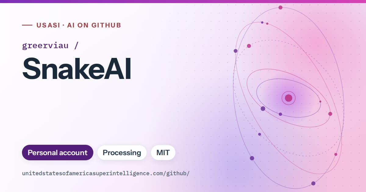 Generated violet orbit artwork for greerviau/SnakeAI, labeled USASI · AI on GitHub, with Personal account · Processing · MIT.