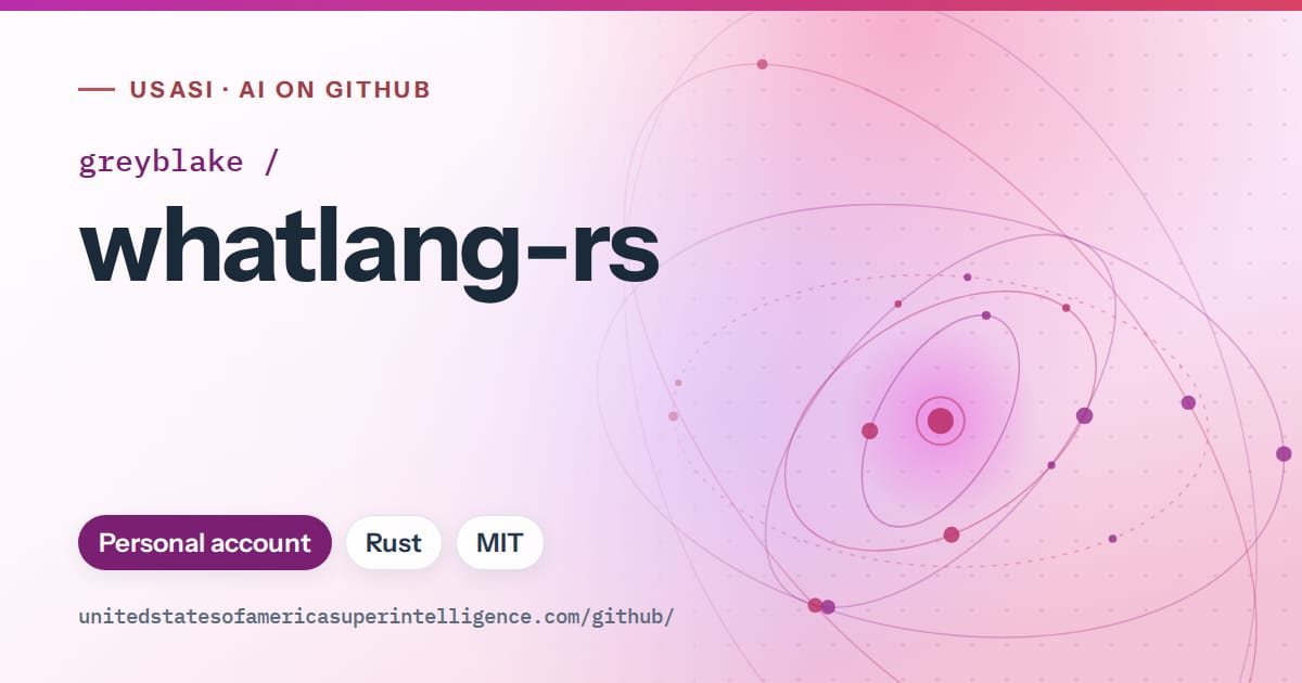 Generated purple orbit artwork for greyblake/whatlang-rs, labeled USASI · AI on GitHub, with Personal account · Rust · MIT.