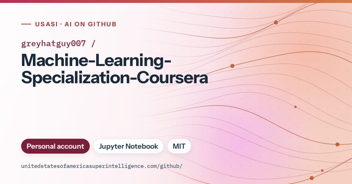 Generated pink flowing-wave artwork for greyhatguy007/Machine-Learning-Specialization-Coursera, labeled USASI · AI on GitHub, with Personal account · Jupyter Notebook · MIT.