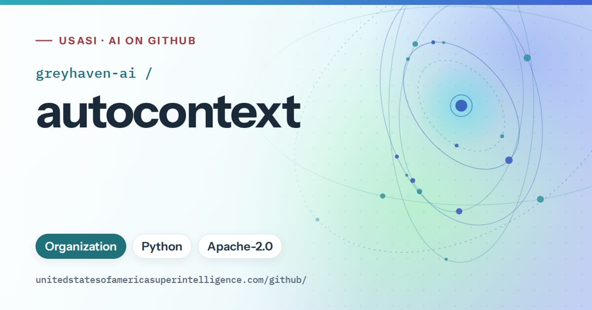 Generated teal orbit artwork for greyhaven-ai/autocontext, labeled USASI · AI on GitHub, with Organization · Python · Apache-2.0.