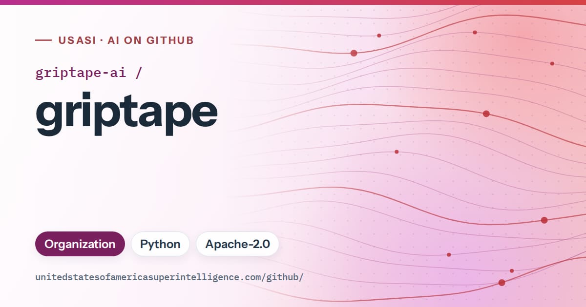 Generated purple flowing-wave artwork for griptape-ai/griptape, labeled USASI · AI on GitHub, with Organization · Python · Apache-2.0.