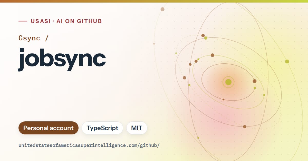Generated orange orbit artwork for Gsync/jobsync, labeled USASI · AI on GitHub, with Personal account · TypeScript · MIT.