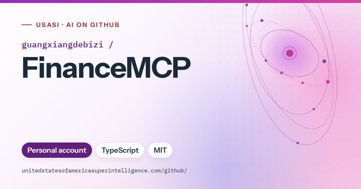 Generated violet orbit artwork for guangxiangdebizi/FinanceMCP, labeled USASI · AI on GitHub, with Personal account · TypeScript · MIT.