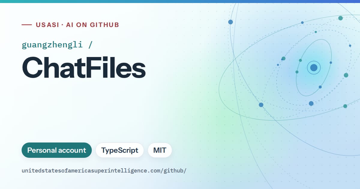 Generated teal orbit artwork for guangzhengli/ChatFiles, labeled USASI · AI on GitHub, with Personal account · TypeScript · MIT.