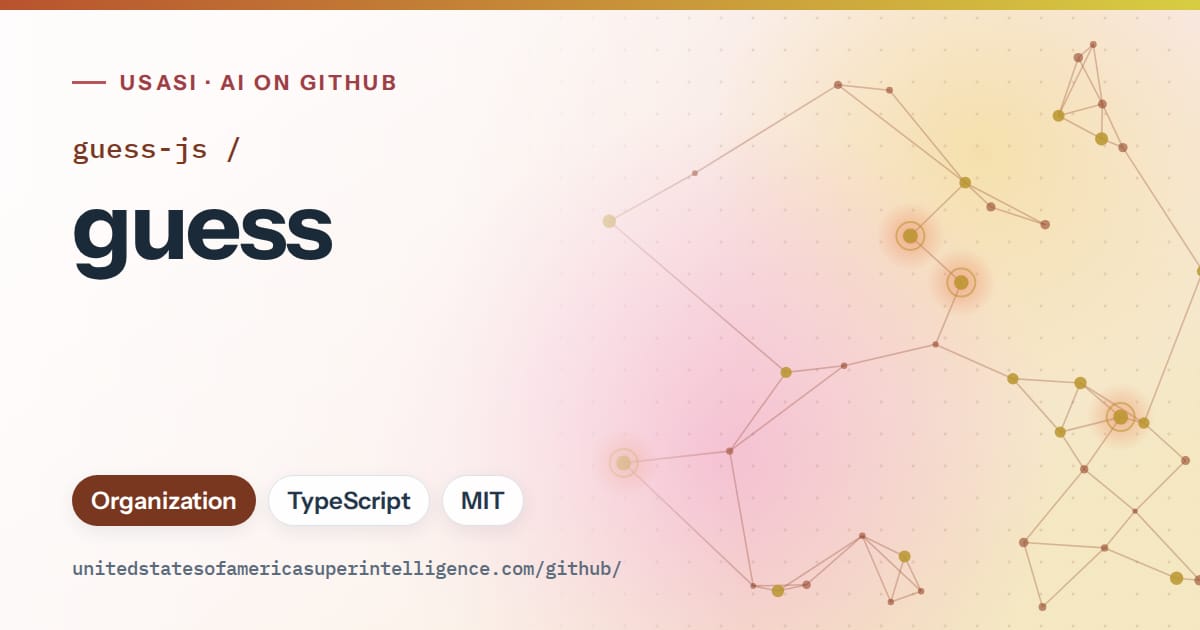 Generated orange constellation network artwork for guess-js/guess, labeled USASI · AI on GitHub, with Organization · TypeScript · MIT.