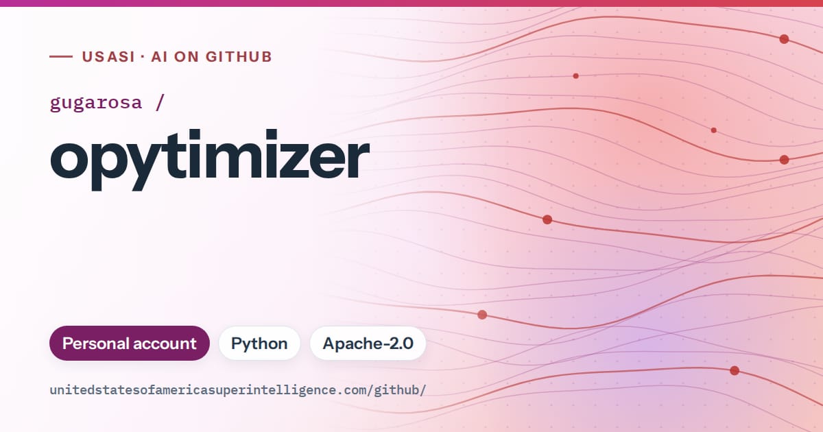 Generated purple flowing-wave artwork for gugarosa/opytimizer, labeled USASI · AI on GitHub, with Personal account · Python · Apache-2.0.