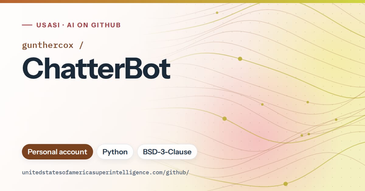 Generated orange flowing-wave artwork for gunthercox/ChatterBot, labeled USASI · AI on GitHub, with Personal account · Python · BSD-3-Clause.