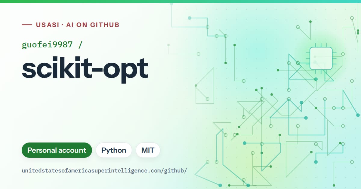 Generated green circuit-trace artwork for guofei9987/scikit-opt, labeled USASI · AI on GitHub, with Personal account · Python · MIT.