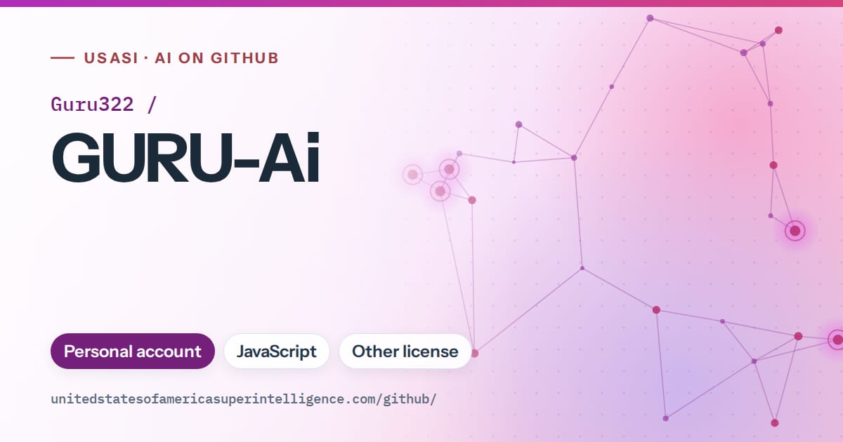 Generated purple constellation network artwork for Guru322/GURU-Ai, labeled USASI · AI on GitHub, with Personal account · JavaScript · Other license.