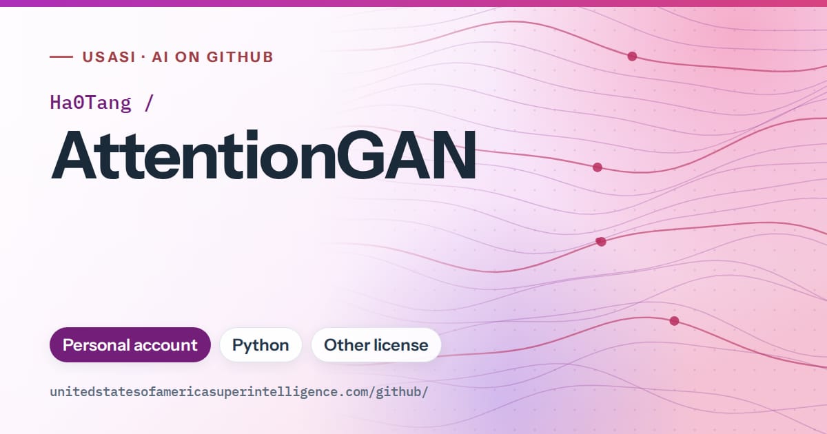 Generated purple flowing-wave artwork for Ha0Tang/AttentionGAN, labeled USASI · AI on GitHub, with Personal account · Python · Other license.