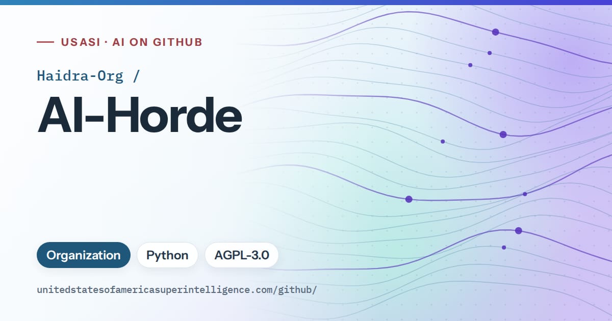 Generated sky blue flowing-wave artwork for Haidra-Org/AI-Horde, labeled USASI · AI on GitHub, with Organization · Python · AGPL-3.0.