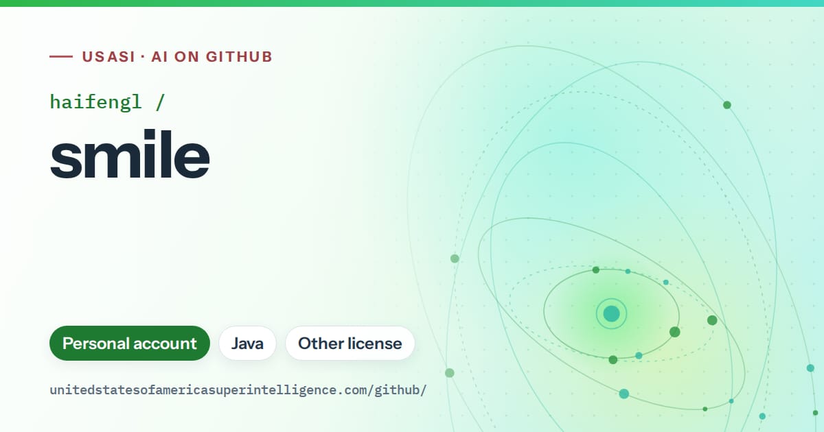 Generated green orbit artwork for haifengl/smile, labeled USASI · AI on GitHub, with Personal account · Java · Other license.
