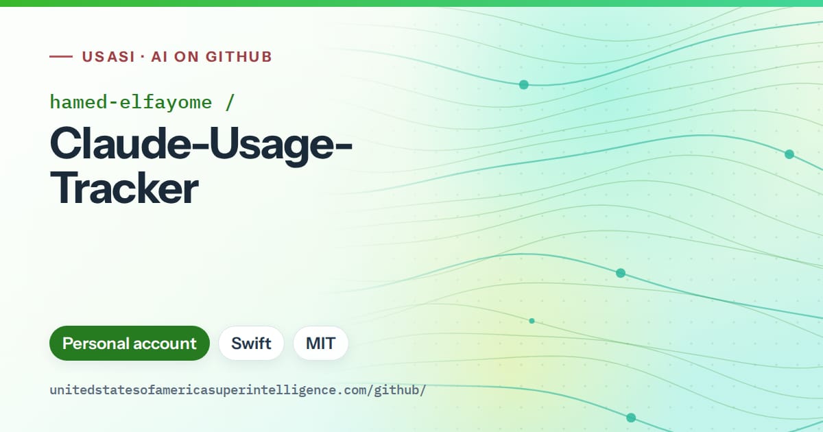 Generated green flowing-wave artwork for hamed-elfayome/Claude-Usage-Tracker, labeled USASI · AI on GitHub, with Personal account · Swift · MIT.