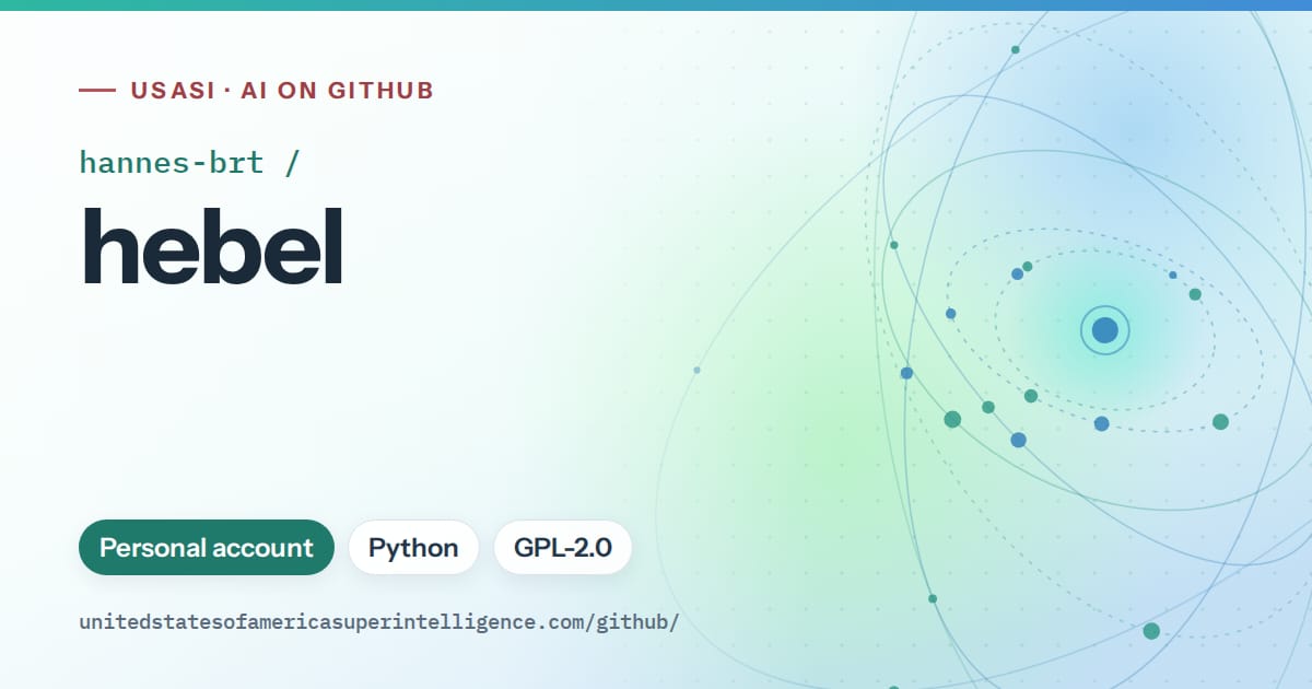 Generated teal orbit artwork for hannes-brt/hebel, labeled USASI · AI on GitHub, with Personal account · Python · GPL-2.0.