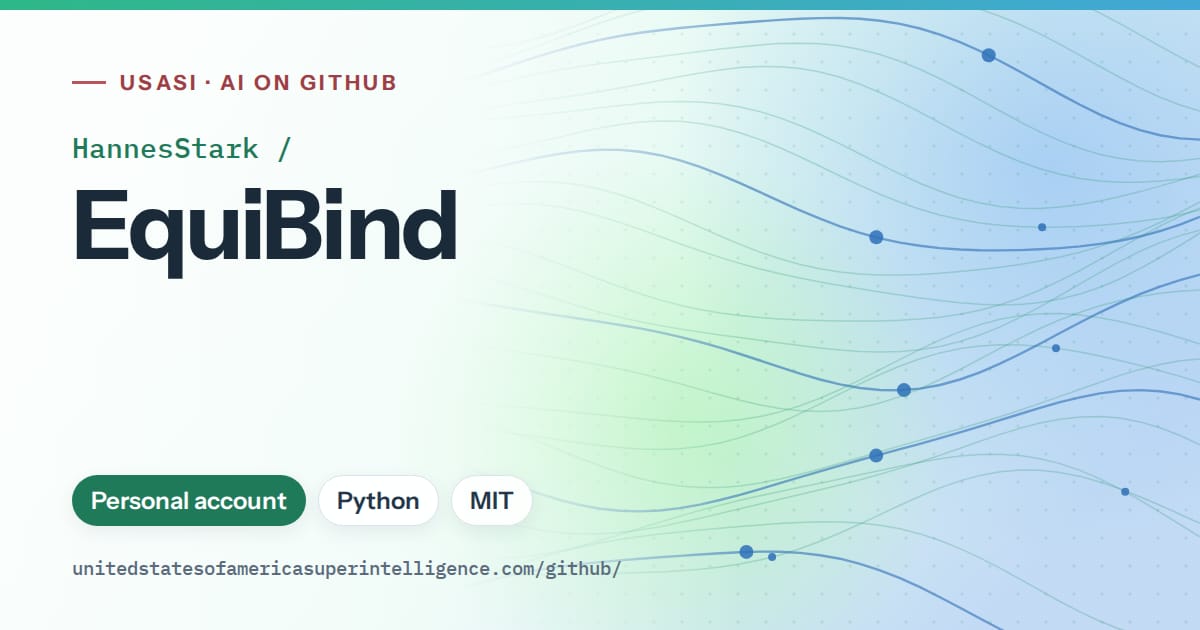 Generated teal flowing-wave artwork for HannesStark/EquiBind, labeled USASI · AI on GitHub, with Personal account · Python · MIT.