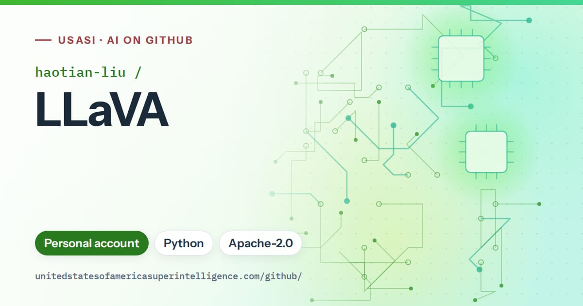 Generated green circuit-trace artwork for haotian-liu/LLaVA, labeled USASI · AI on GitHub, with Personal account · Python · Apache-2.0.