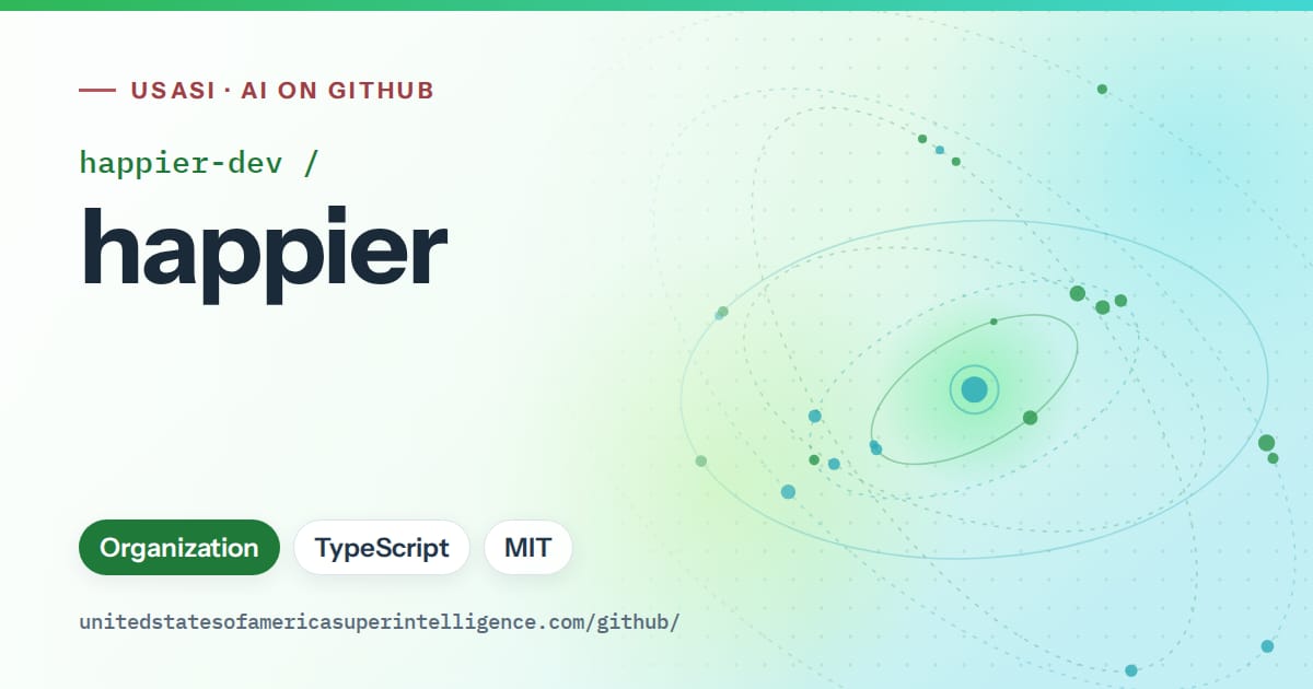 Generated green orbit artwork for happier-dev/happier, labeled USASI · AI on GitHub, with Organization · TypeScript · MIT.