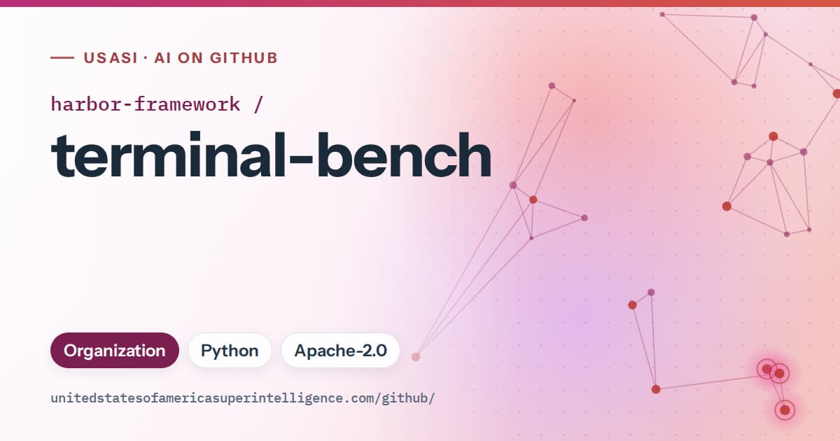 Generated pink constellation network artwork for harbor-framework/terminal-bench, labeled USASI · AI on GitHub, with Organization · Python · Apache-2.0.