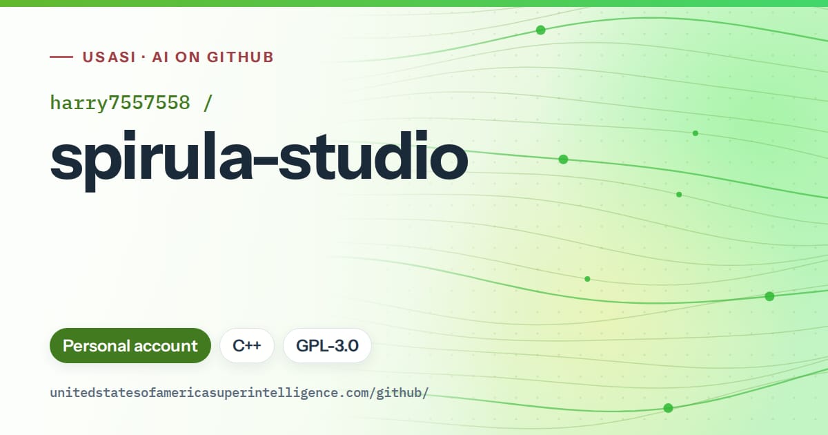 Generated green flowing-wave artwork for harry7557558/spirula-studio, labeled USASI · AI on GitHub, with Personal account · C++ · GPL-3.0.