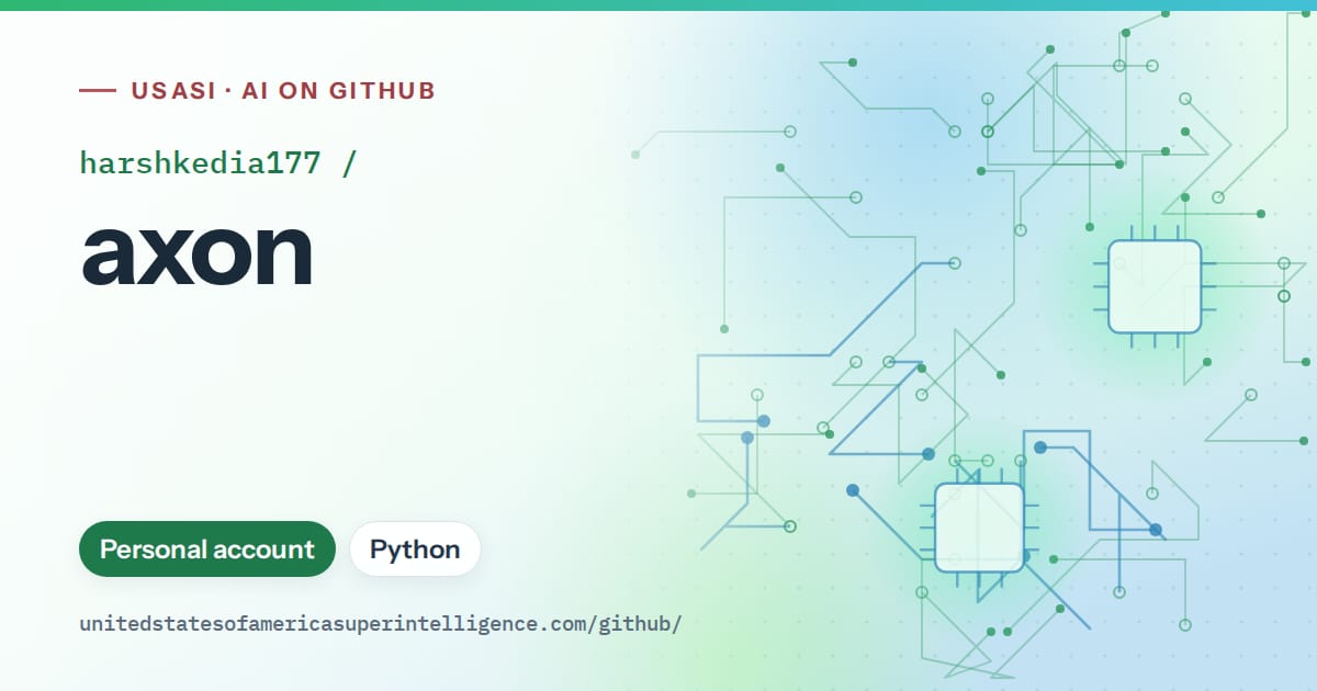 Generated green circuit-trace artwork for harshkedia177/axon, labeled USASI · AI on GitHub, with Personal account · Python.