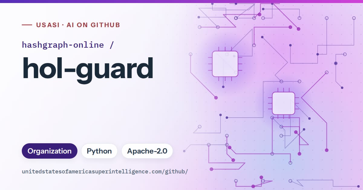 Generated violet circuit-trace artwork for hashgraph-online/hol-guard, labeled USASI · AI on GitHub, with Organization · Python · Apache-2.0.