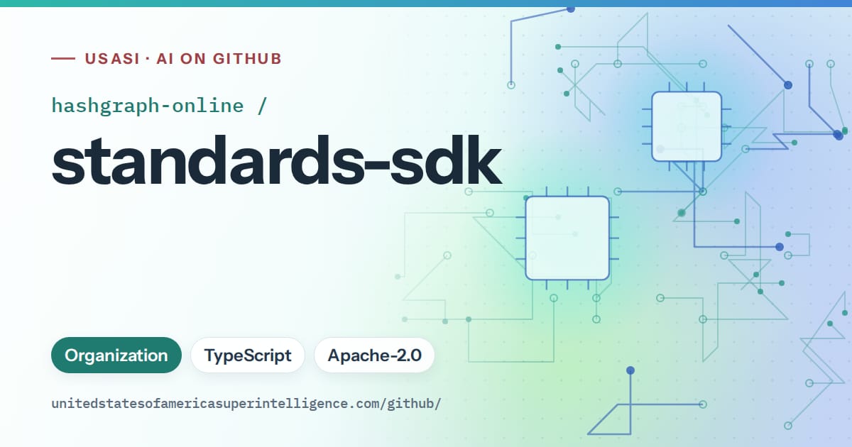 Generated teal circuit-trace artwork for hashgraph-online/standards-sdk, labeled USASI · AI on GitHub, with Organization · TypeScript · Apache-2.0.