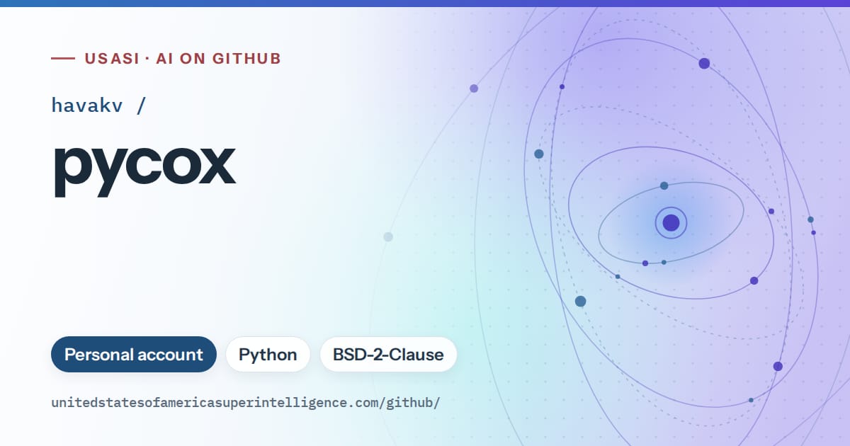 Generated sky blue orbit artwork for havakv/pycox, labeled USASI · AI on GitHub, with Personal account · Python · BSD-2-Clause.