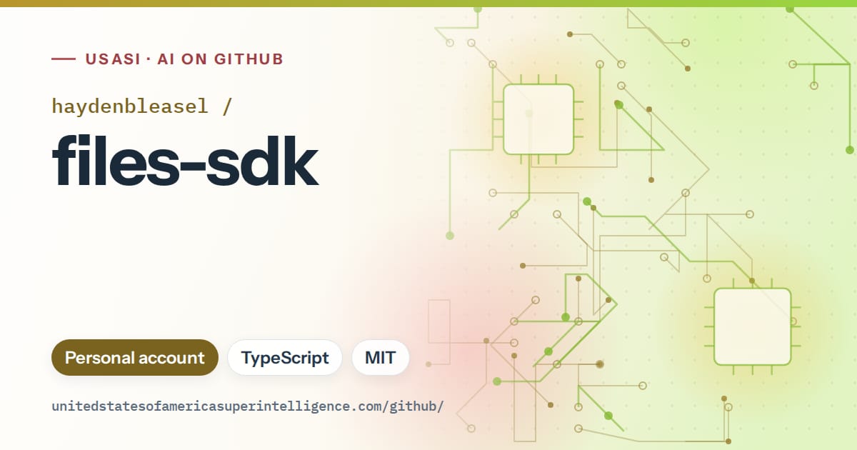 Generated green circuit-trace artwork for haydenbleasel/files-sdk, labeled USASI · AI on GitHub, with Personal account · TypeScript · MIT.