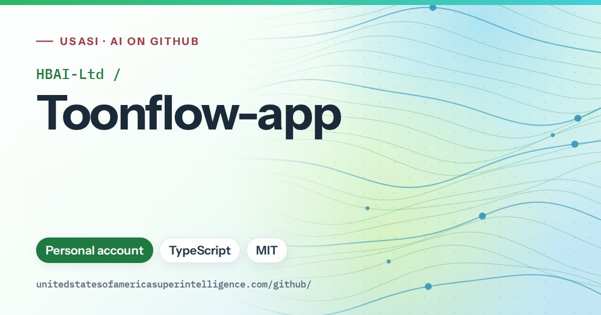 Generated green flowing-wave artwork for HBAI-Ltd/Toonflow-app, labeled USASI · AI on GitHub, with Personal account · TypeScript · MIT.