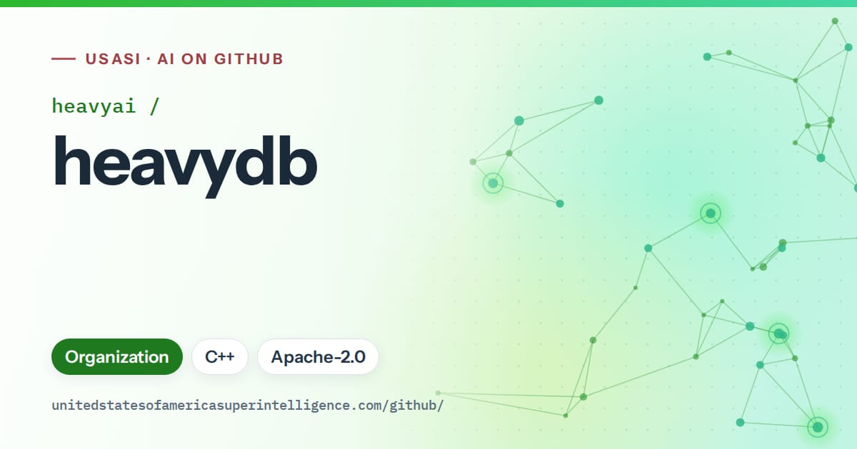 Generated green constellation network artwork for heavyai/heavydb, labeled USASI · AI on GitHub, with Organization · C++ · Apache-2.0.