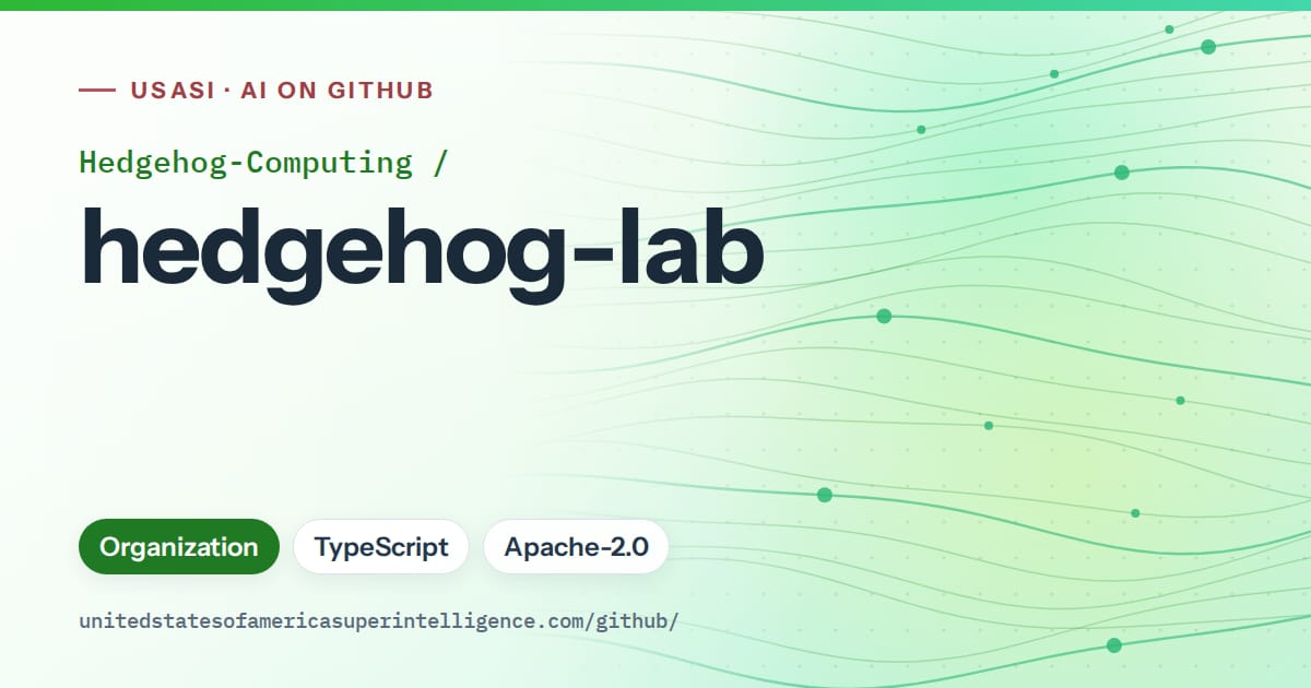 Generated green flowing-wave artwork for Hedgehog-Computing/hedgehog-lab, labeled USASI · AI on GitHub, with Organization · TypeScript · Apache-2.0.