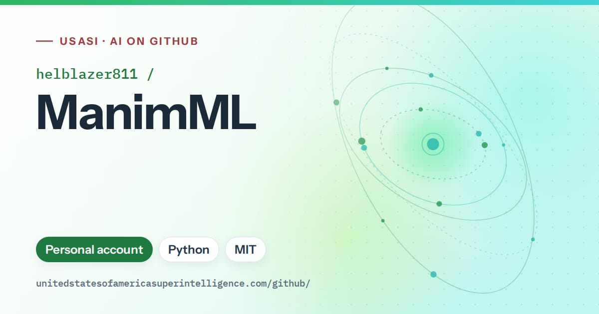 Generated green orbit artwork for helblazer811/ManimML, labeled USASI · AI on GitHub, with Personal account · Python · MIT.