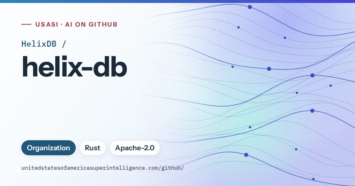 Generated sky blue flowing-wave artwork for HelixDB/helix-db, labeled USASI · AI on GitHub, with Organization · Rust · Apache-2.0.