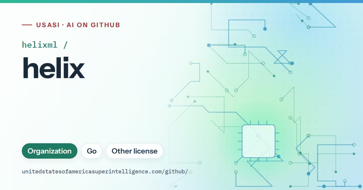 Generated teal circuit-trace artwork for helixml/helix, labeled USASI · AI on GitHub, with Organization · Go · Other license.