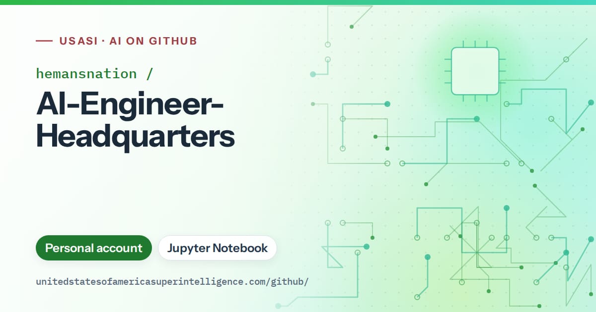 Generated green circuit-trace artwork for hemansnation/AI-Engineer-Headquarters, labeled USASI · AI on GitHub, with Personal account · Jupyter Notebook.