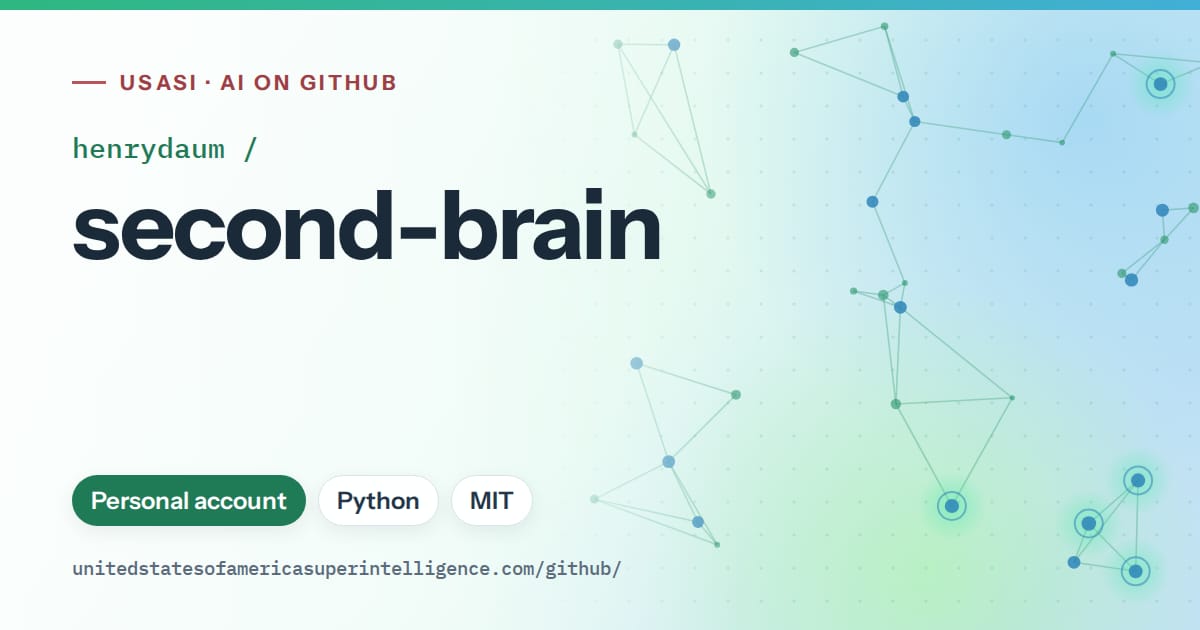 Generated teal constellation network artwork for henrydaum/second-brain, labeled USASI · AI on GitHub, with Personal account · Python · MIT.