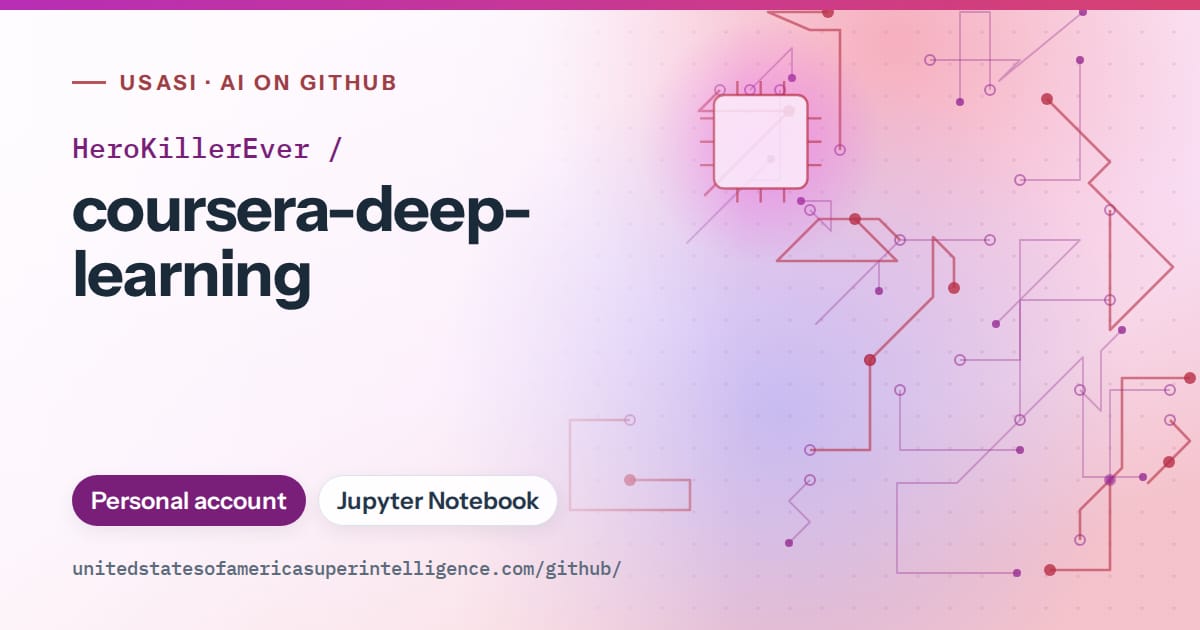 Generated purple circuit-trace artwork for HeroKillerEver/coursera-deep-learning, labeled USASI · AI on GitHub, with Personal account · Jupyter Notebook.