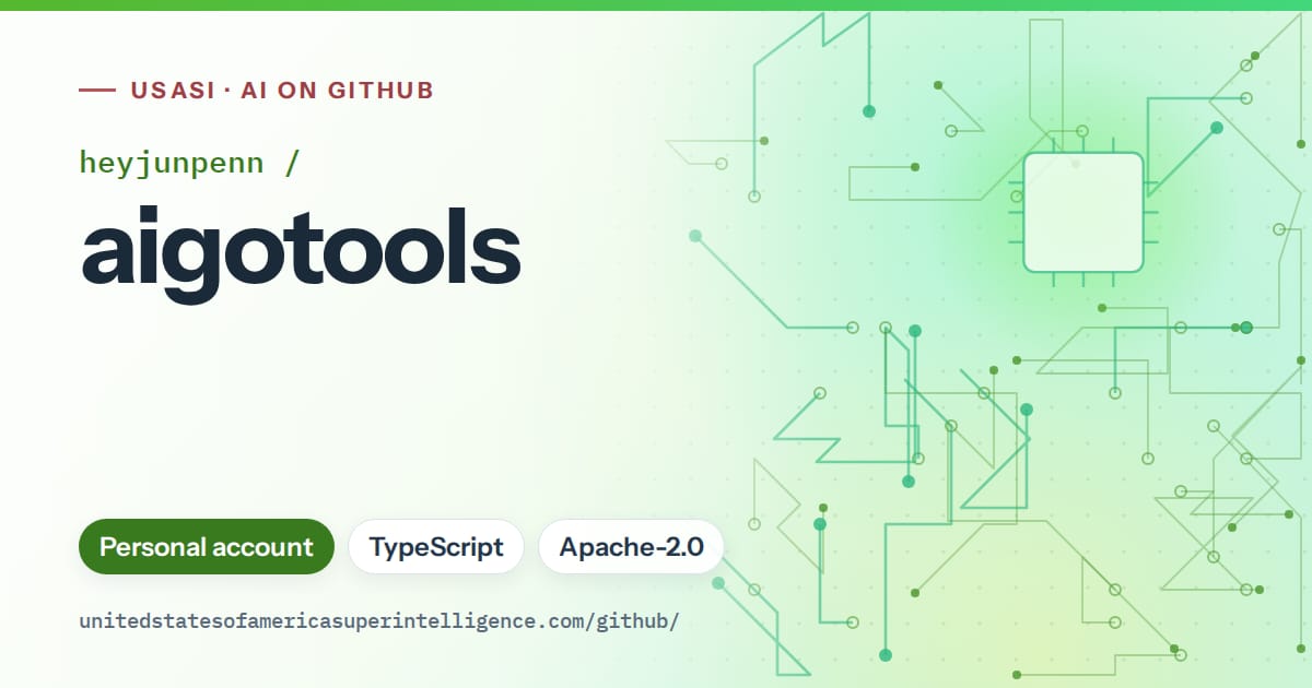 Generated green circuit-trace artwork for heyjunpenn/aigotools, labeled USASI · AI on GitHub, with Personal account · TypeScript · Apache-2.0.